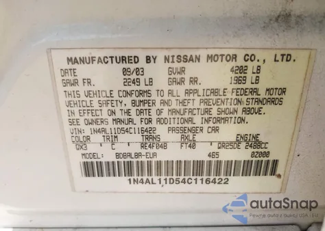 2004 Nissan Altima 2.5 S из США, поврежденный, VIN 1N4AL11D54C116422